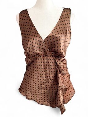 Vintage Y2K Necessary Objects Brown Black Polka Dot Satin Wrap Tank Top L